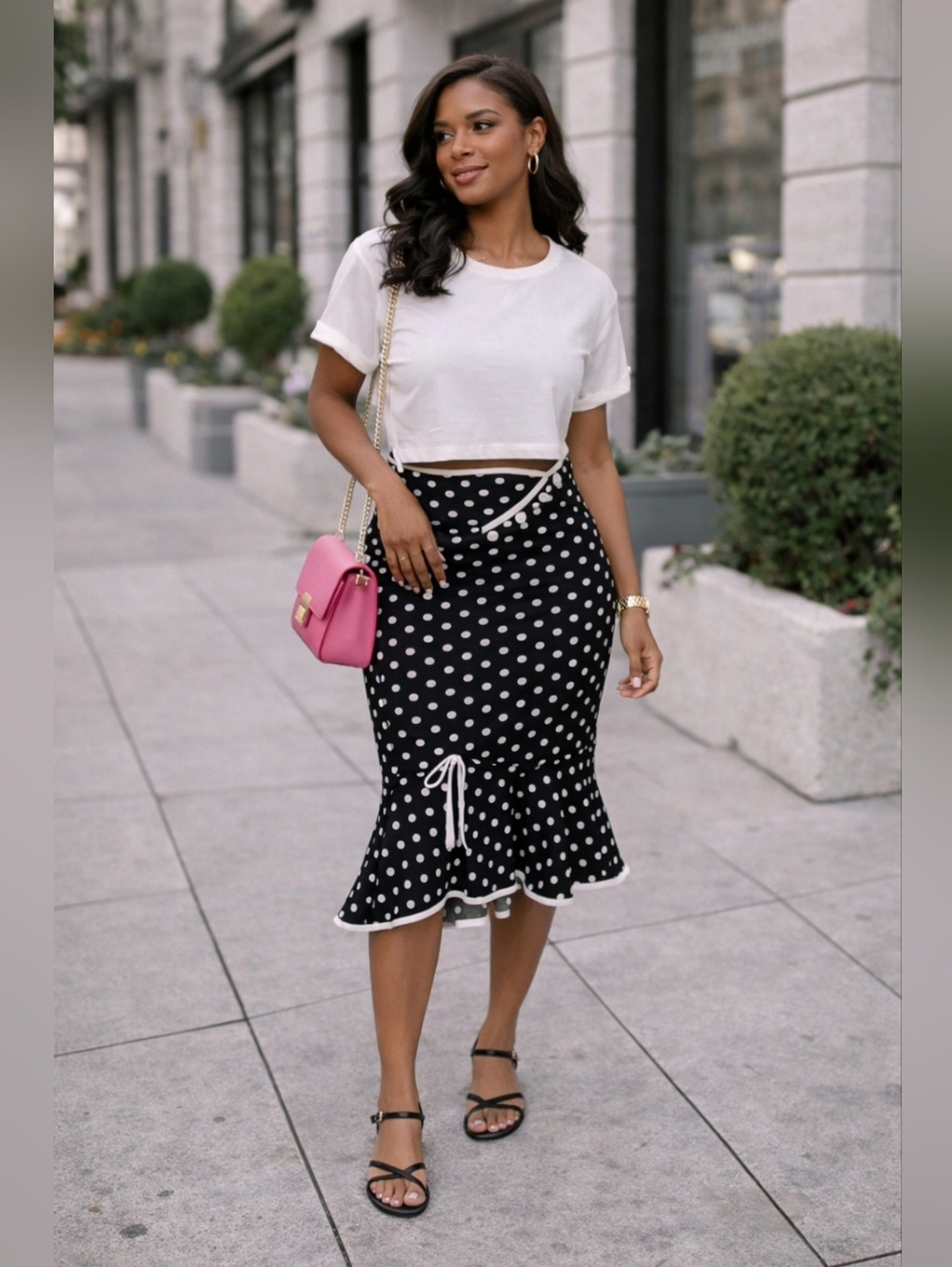 Polka Dot Midi Skirt Chic Casual High Waist - Picture 2 of 7